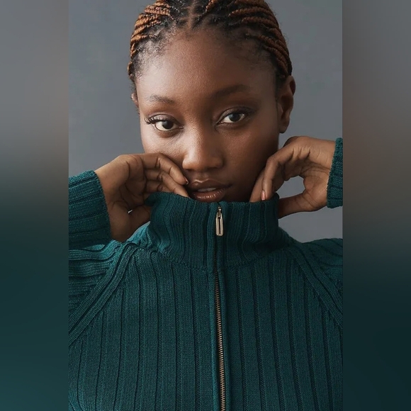 Pilcro Quarter Zip Sweater Dress Ribbed Knit Blue Green Medium Anthropologie - Picture 4 of 9